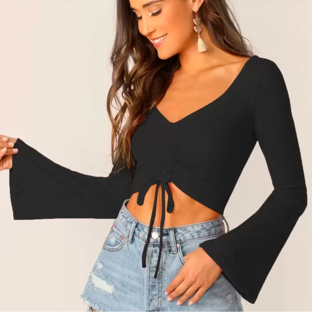 Bell Sleeve Drawstring Ruched Front Ribbed Tee